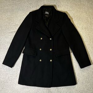 NWOT Zara Black Double-Breasted Pea Coat w Gold Military Style Buttons Size M